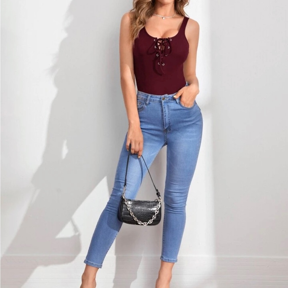 SHEIN Essnce Lace Up Front Rib-Knit Tank Bodysuit Red